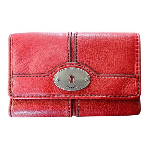 Fossil Soft Red Leather Tri-fold Wallet Silver Hardware Pebbled Coin - Picture 1 of 8